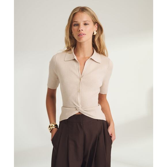 NAADAM Luxe Cotton Silk Ribbed Short Sleeve Twist Polo Dusty Oatmeal - S - Picture 1 of 6